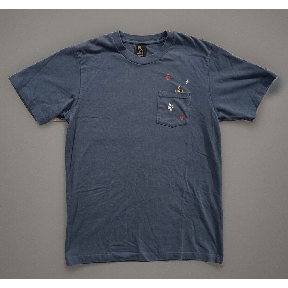 OVO Octobers Very Own Mens Pocket T Shirt Sz M Blue Fade Stitch Print Drake